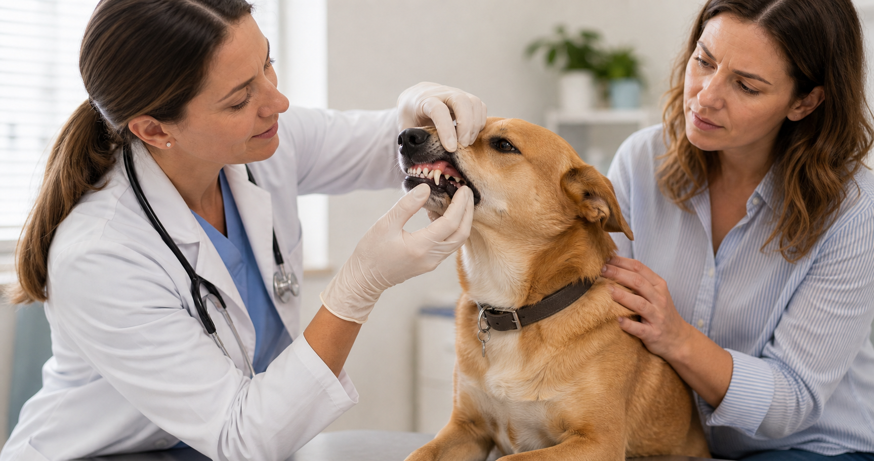 Veterinária examinando os dentes de um cachorro em clínica